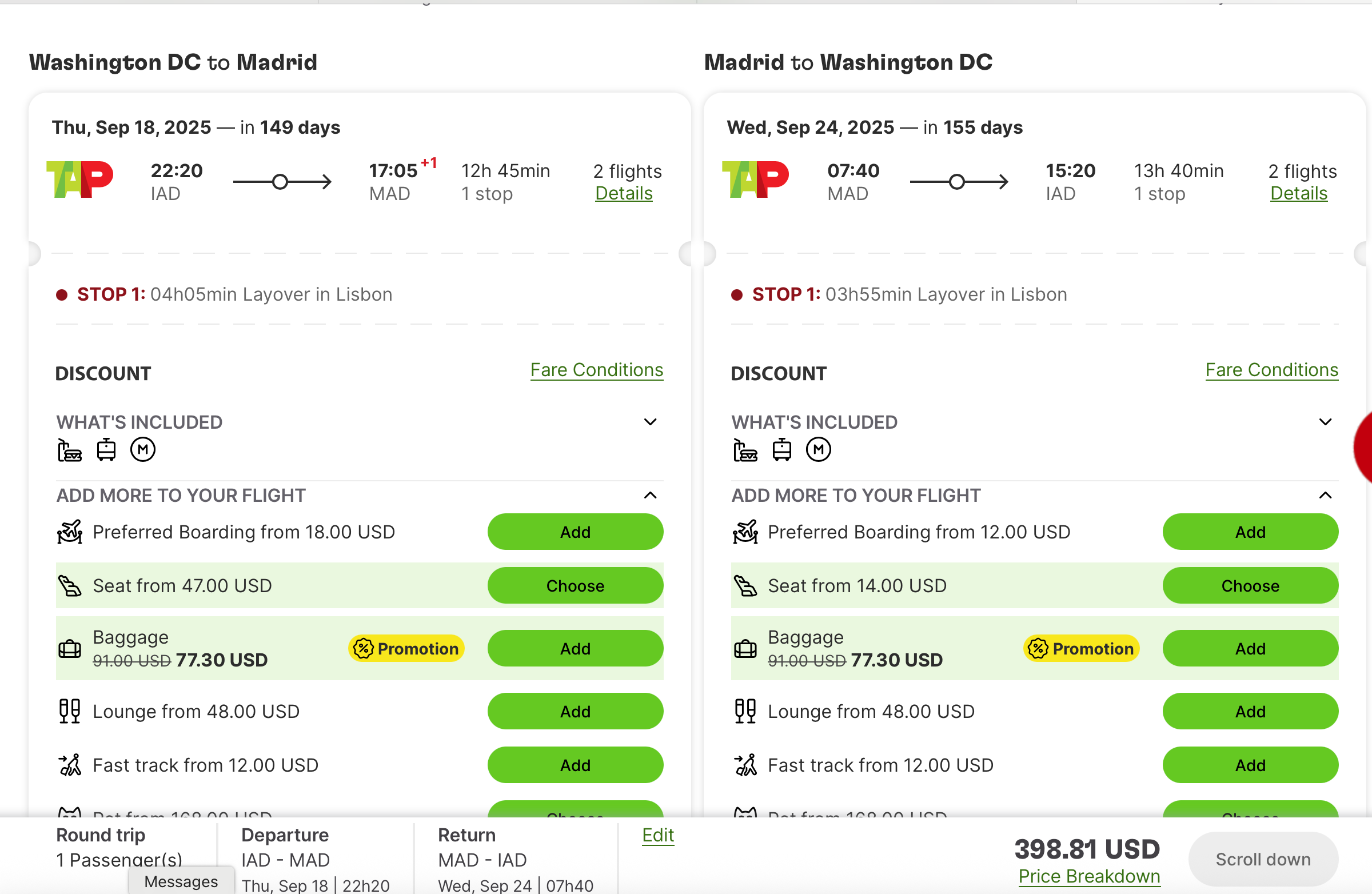 Deal for Washington to Madrid for $399 in September. TAP AIR PORTUGAL 